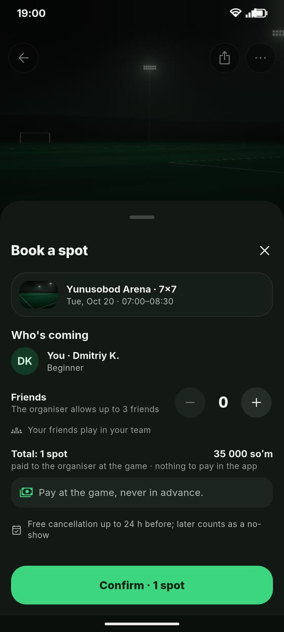 The booking sheet